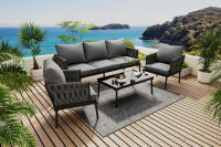 Conjunto chaise longue de Jardín, Conjunto de muebles de Jardín con cojines, de 3 plazas Sofá, 2 sillones y Mesa de Centro, Exterior, Tapa de Cristal, Brazos de Cuerda trenzada, Acero vanizado, gris - details 1