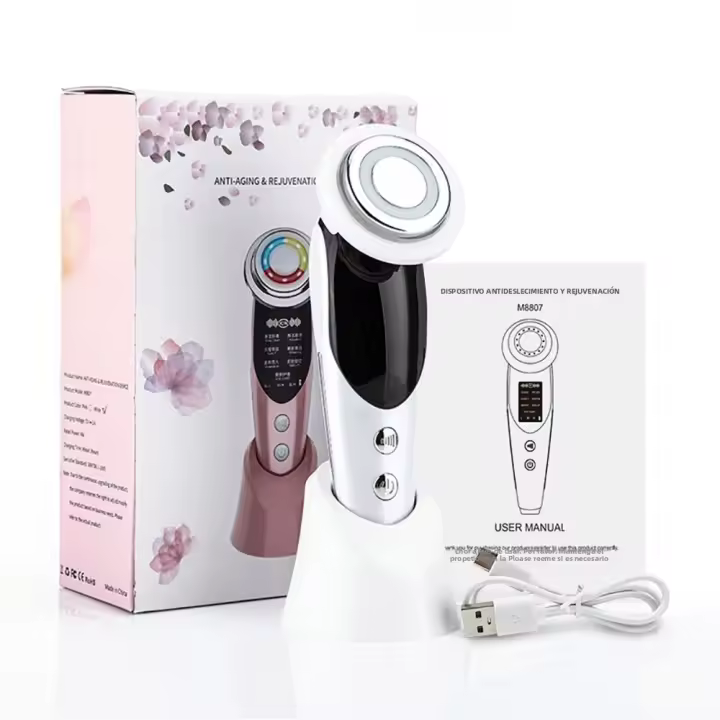 Masajeador Facial EMS 7 En 1 Con LED Fotón Para Cuidado De La Piel Elevación De La Cara Cuidado De Los Ojos Rejuvenecimiento Máquina Limpiadora De La Piel USB Cable - 1