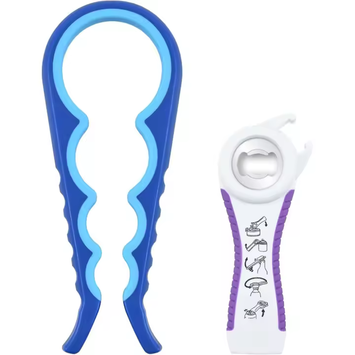 Abridor de tarros, abridor de botellas 5 en 1, abrelatas multifunción con mango de silicona, abridor de tarros para manos débiles, personas mayores con artritis, abridor de tapas para niños (azul, juego de 2 piezas) - 1