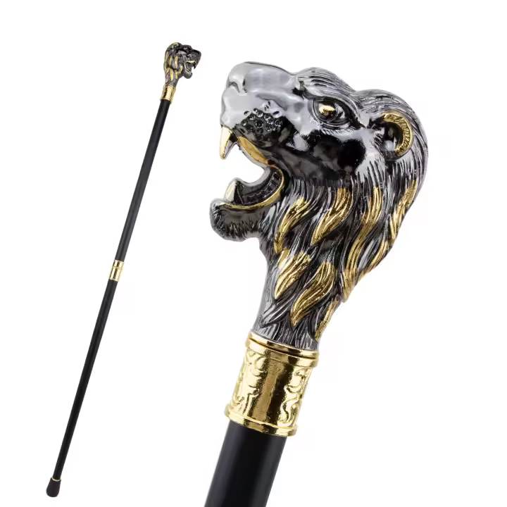 Bastón De Moda Con Cabeza De León Dorado Y Barba Negro Decorativo Para Cosplay Vintage 93cm Punta De Goma Material De Acero - 1