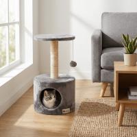 Casa Basics - Rascador para gatos KUCHI, Árbol para Gatos, Alto: 59 cm, 1 caseta, 1 Plataforma Mirador, 1 pompon, Negro/Gris/Beige - details 7