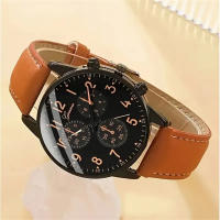 Reloj De Cuarzo Para Hombre Con Correa De Cuero Sintético Marrón Y Pulsera Simple Mostrador De Fecha No Impermeable Movimiento De Zinc Al - details 1