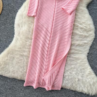 Vestido Largo Vintage De Cintura Alta REALEFT Para Mujer Con Cuello Redondo Manga Larga Y Abertura Lateral Vestido De Encaje Tricotado - details 10
