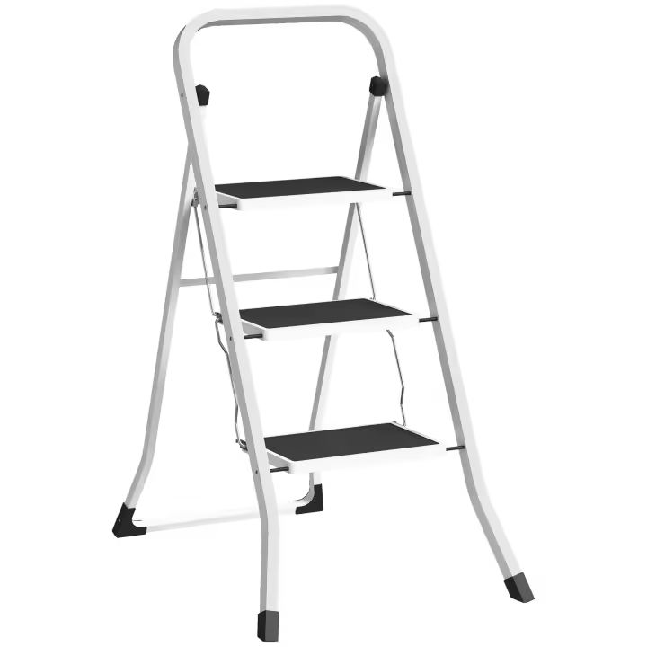 HOMCOM Escalera Plegable de 3 Peldaños Escalera de Tijera Carga hasta 150 kg con Pedal Antideslizante Fácil de Guardar y Transportar para Hogar Cocina Oficina Blanco - 1