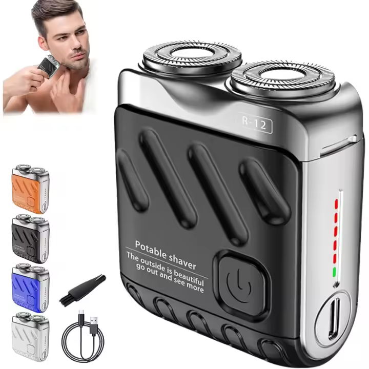 Afeitadora de barba mini y portátil con diseño de maleta, afeitadora mini y portátil con cortador magnético de doble anillo, afeitadora eléctrica para equipaje R-12, afeitadora eléctrica mini para hombre (negra) - 1