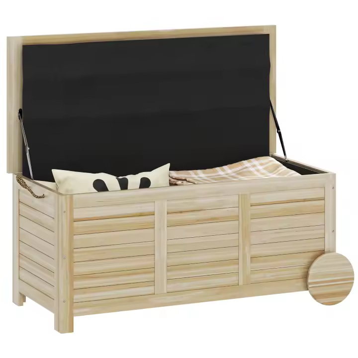 Outsunny Baúl de Almacenaje Exterior 185L Arcón de Jardín de Madera Impermeable con Tapa Abrible 2 Ruedas Cuerdas de Lino Bisagras Metálicas y Forro Interno 110x50x50 cm Natural - 1