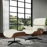 TY306 Leisure Recliner Light Walnut Armchair With Ivory White Cowhide Black Big Head Foot Swivel Deck Chair Furniture Ergonomic Design Office Lunch Break Chair Living Room Comfort Lounge Chair Genuine Top Layer Cowhide Aluminum Alloy Big Head Feet - details 6