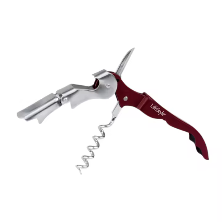 Sacacorchos de acero inox especial para camarero color granate, con varias funciones y de 12 x 2 cm. Abridor para vino, chapas... con cuchilla para capsula de vino. Abrebotellas hostelería. - 1