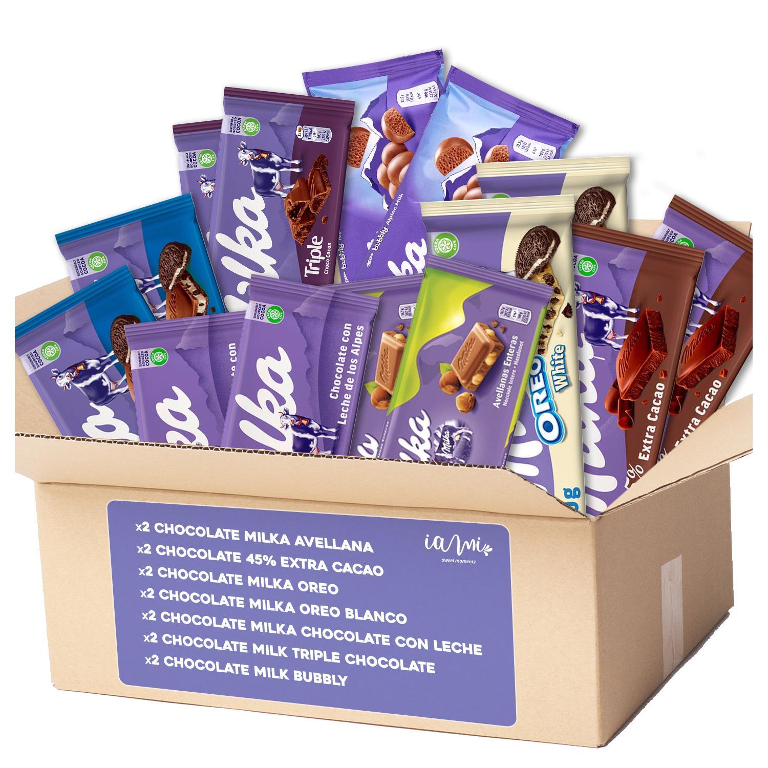 Chocolates Milka - Pack Surtido de 14 Tabletas de Chocolate Milka. 7 Variedades Chocolates Milka x 2 Tabletas. 45% Extra Cacao - Oreo White - Triple Chocolate - Bubbly - Leche - Avellanas - Oreo…