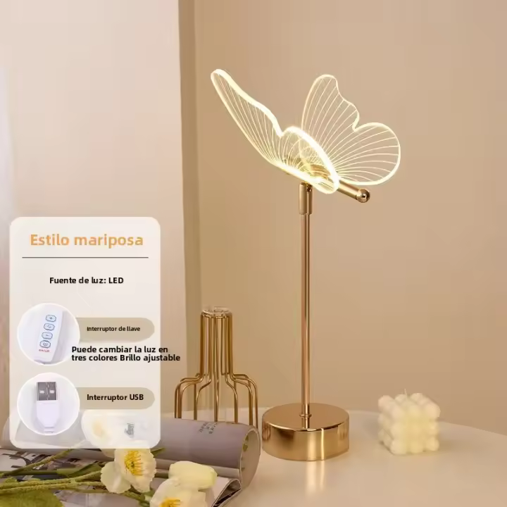 Lámpara De Mesa Retro Dorada Con Mariposa De Acrílico Luz De Noche LED Para Decoración De Habitación Y Sala De Estar Luz De Lectura Ajustable Con Botón De Presión - 1