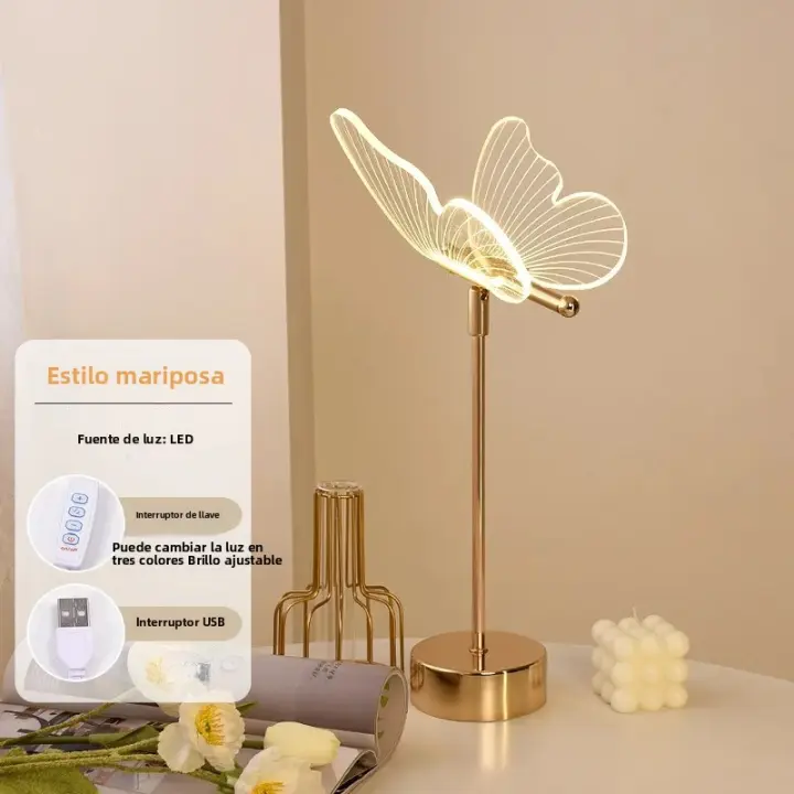 Lámpara De Mesa Retro Dorada Con Mariposa De Acrílico Luz De Noche LED Para Decoración De Habitación Y Sala De Estar Luz De Lectura Ajustable Con Botón De Presión - 1