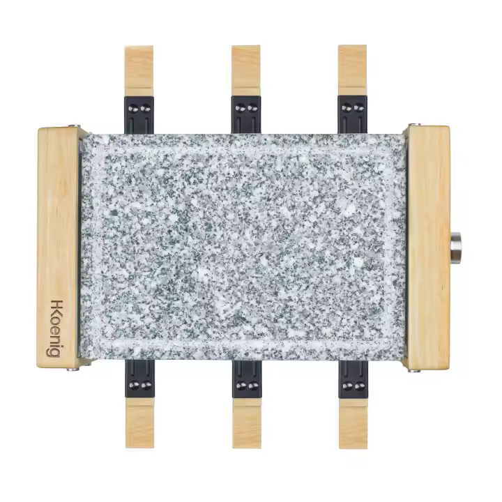 H.Koenig WOD6 Raclette 6 Personas, Plancha De Piedra Natural, 900 W, Acero Inoxidable, Madera Natural, 6 Sartenes Antiadherentes - 1