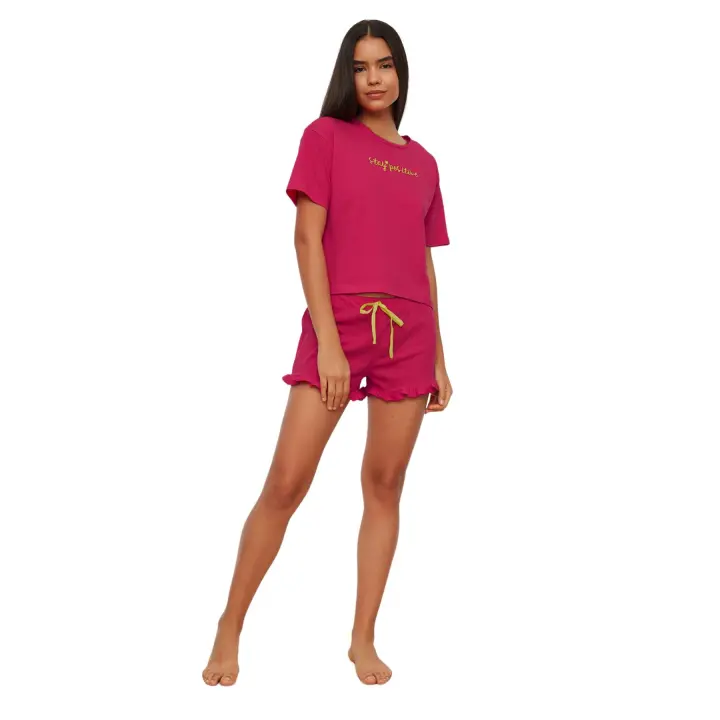Trendyol Fuchsia 100% Cotton Embroidered Ruffle Detail Knitted Pajama Set With Shorts Thmss20Pt0165 - 1