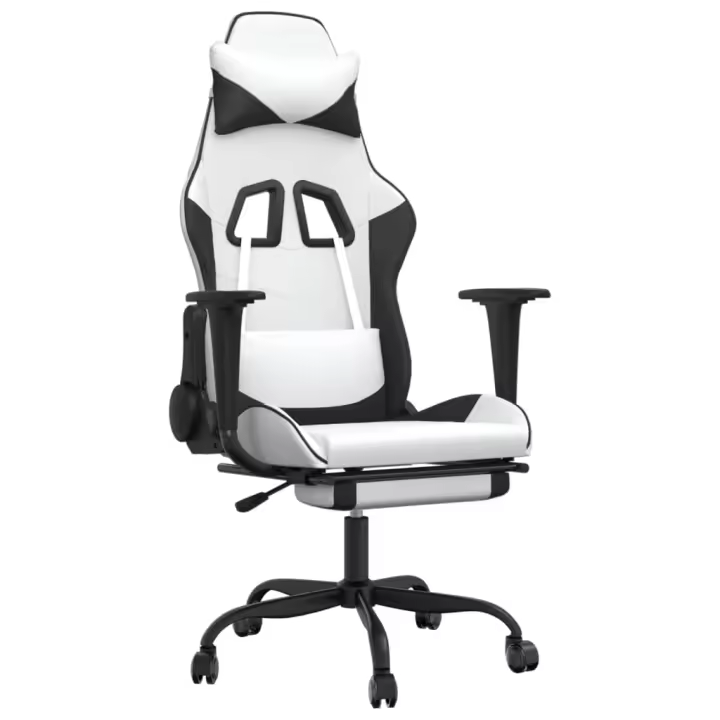 Silla Gaming masaje y reposapiés cuero sintético Negro Blanco - 1