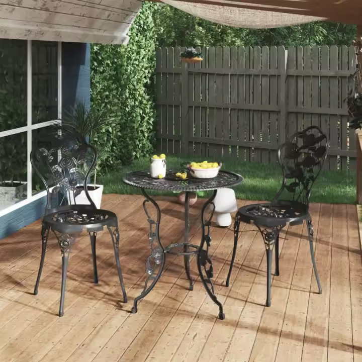 vidaXL Mesa y sillas de bistró 3 piezas aluminio fundido negro - 1