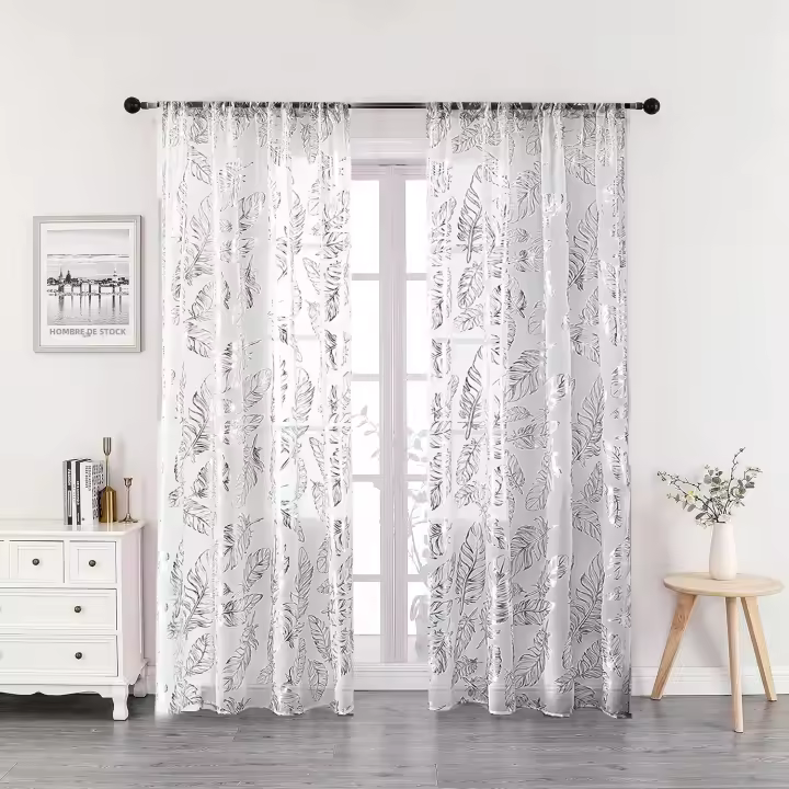 2pcs Cortina De Plegable Con Patrón De Plumas Translúcida Para Sala De Estar Y Dormitorio Material De Poliéster 100% - 1