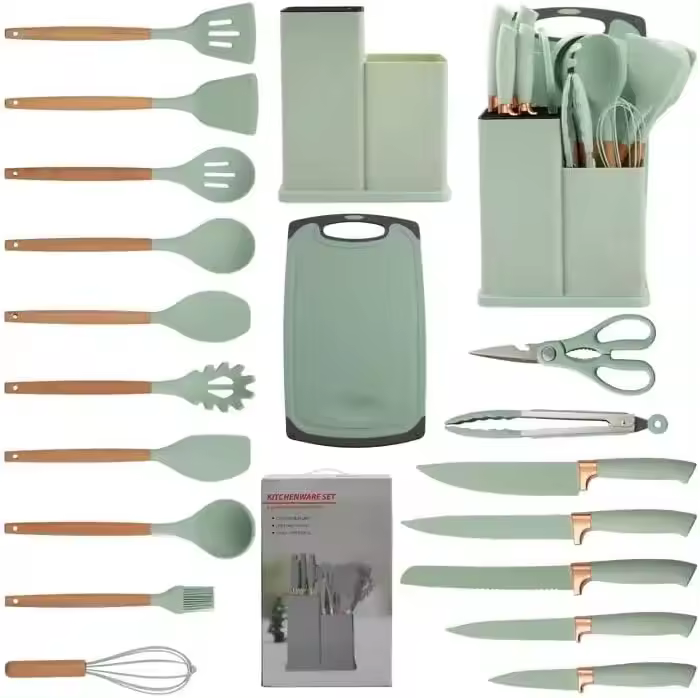 Set de Utensilios de Cocina de Silicona ONFENG OF2328 - 19 Piezas, Incluye 5 Cuchillos Versátiles, Tijeras, Pinzas, Tabla de Cortar y 10 Accesorios Antiadherentes (Verde Claro) REGALO DIA MADRE - 1