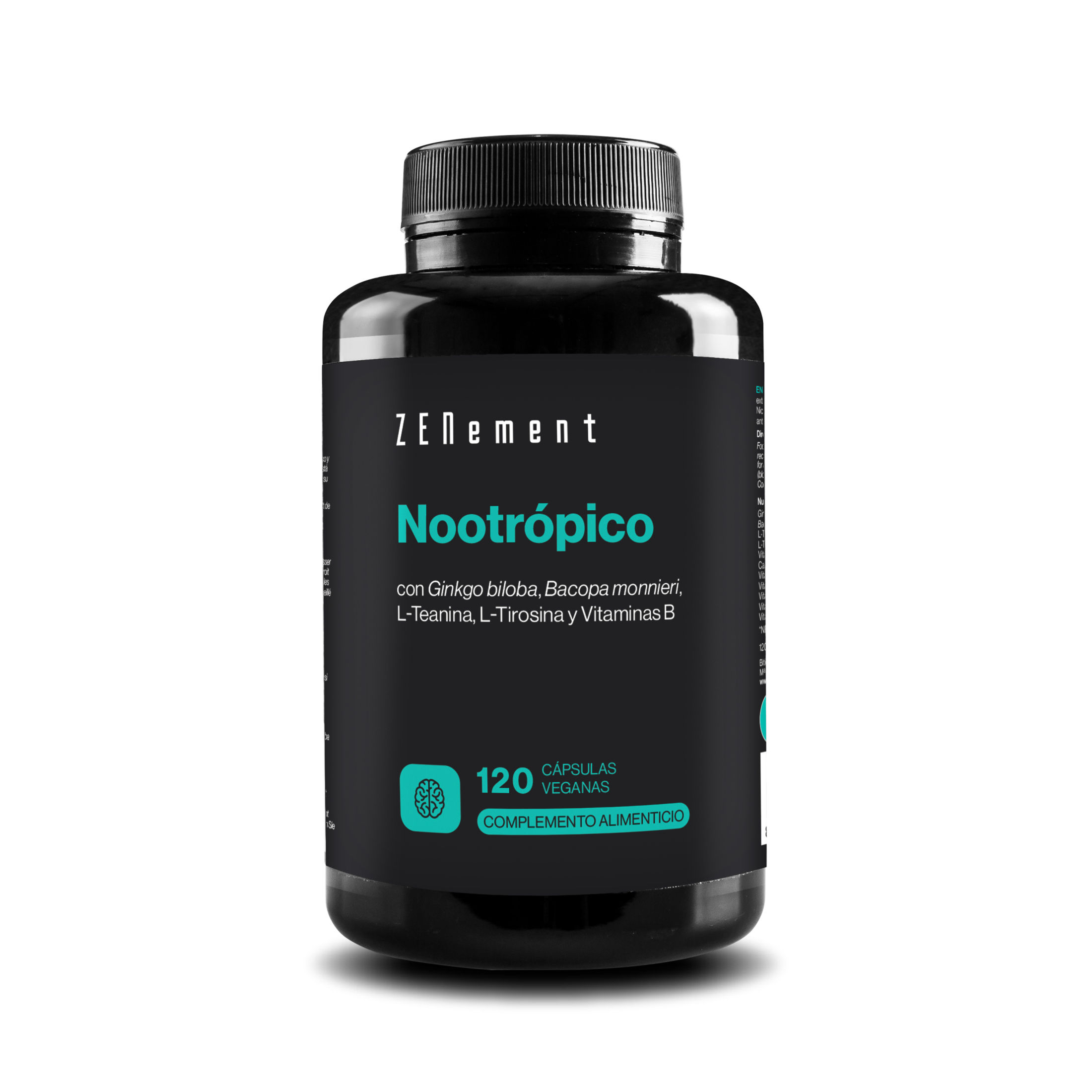 Nootrópico con Ginkgo biloba, Bacopa monnieri, L-Teanina, L-Tirosina y Vitaminas B - 120 Cápsulas Zenement