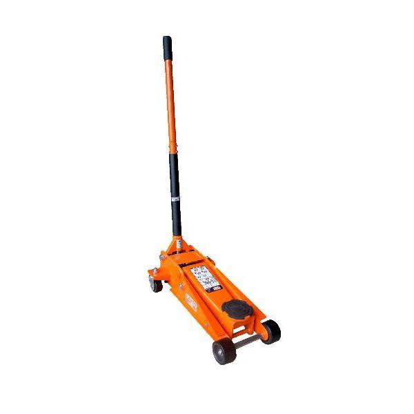 Compact 3T Bahco Hydraulic Car Jack, features double piston for quick lift, max height 462mm, nylon wheels, and dust cover; CE certified, perfect for professional use.