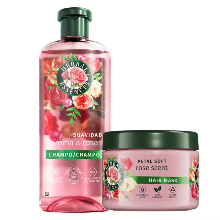 Herbal Essences | Pack Champú y Mascarilla con aroma a rosas para una suavidad e hidratación del pelo seco. *De Origen natural. 350 + 500ml - 1
