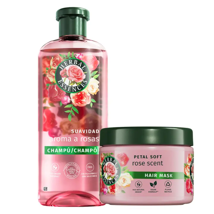 Herbal Essences | Pack Champú y Mascarilla con aroma a rosas para una suavidad e hidratación del pelo seco. *De Origen natural. 350 + 500ml - 1