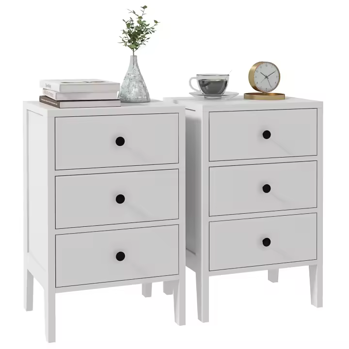 HOMCOM Conjunto de 2 mesitas de noche, mesitas auxiliares, mesita de noche con 3 cajones para dormitorio en madera dim. 40L x 30W x 64H cm blanco - 1