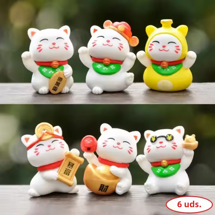 6pcs Estatua De Gato Chino Mini Decoración De Escritorio Para Dormitorio Y Sala De Estar Adorno De Hogar Material PVC - 1