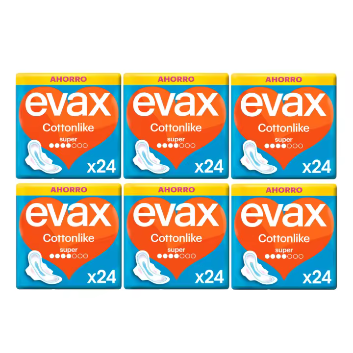 Evax Cottonlike Compresas Super Protección Durante El Día, Elimina Olores Y Absorbe Al Instante, Hasta 100 % limpia y 0 % olor, Con alas que se adaptan para un mejor ajuste 6x24 unidades. - 1