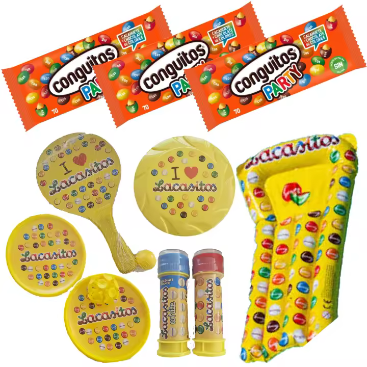 Pack vacaciones Lacasitos y Conguitos:3 party bolsa 70g,palas con ventosa y con pelota , pompero,frisbee y colchoneta - 1