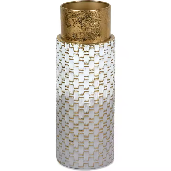 Jarron blanco y gris 38cm cilindrico top dorado milano  Material: Metal Medidas (Ancho*Alto*Fondo): 14*38*14Presume de casa - 1
