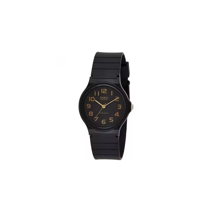 Reloj Casio analógico MQ-24-1B2 correa caucho negro esfera negra números dorados MQ241B - 1