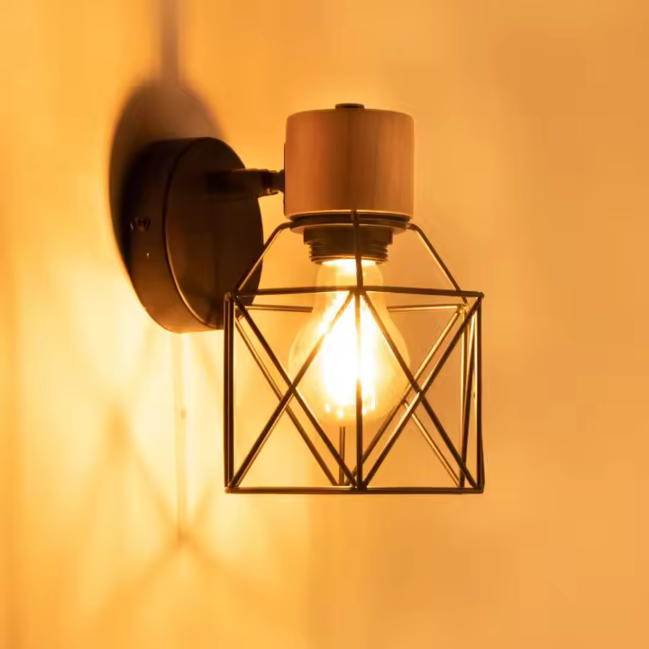 Lámparas de Pared Vintage 15CM Aplique Interior de Madera Metal Industrial Diseño de Jaula Luz Ajustable Retro - 1
