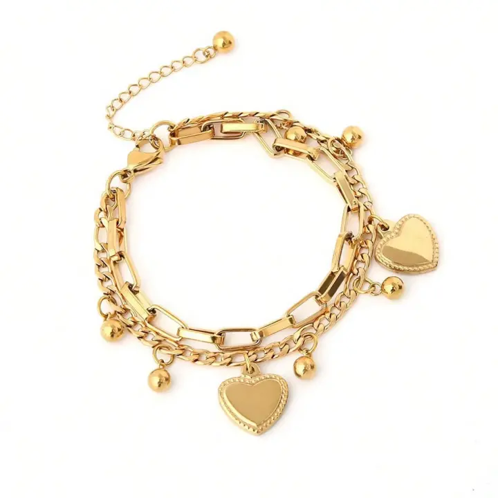Pulsera De Doble Capa En Forma De Corazón Para Mujer Con Encentos Pequeños En Oro Y Plata Pulsera De Moda Para Uso Diario Joyería De Metal - 1