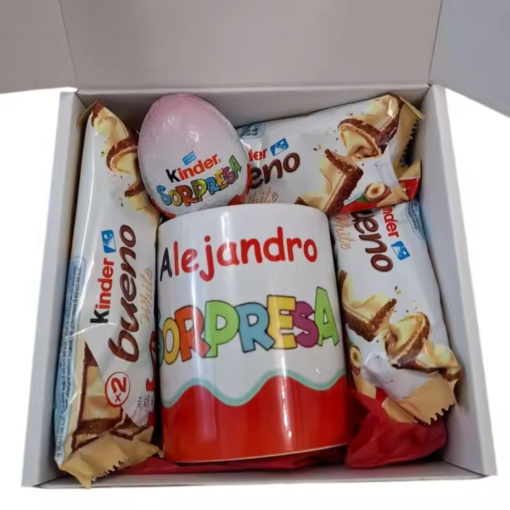 Pack Kinder Sorpresa - Con taza con nombre - Regalo original para hombre, mujer - 1
