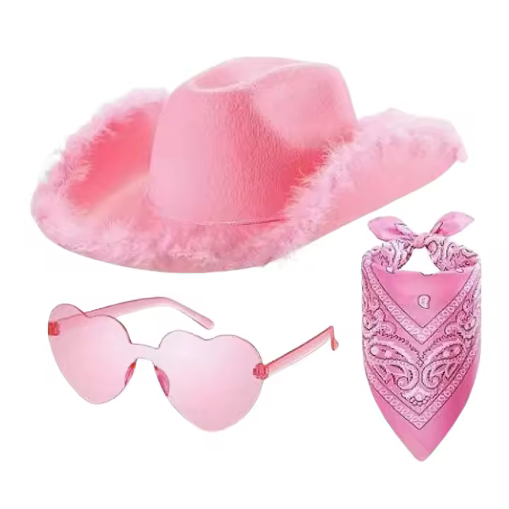 Sombrero de Vaquero para Mujer, Sombrero de Vaquera con Borde Plumas esponjas de Campo, Sombrero de Vaquera de Ala Ancha, Sombrero de Vaquera con Gafas de corazón, pañuelo, Fiesta de cumpleaños de Halloween - 1