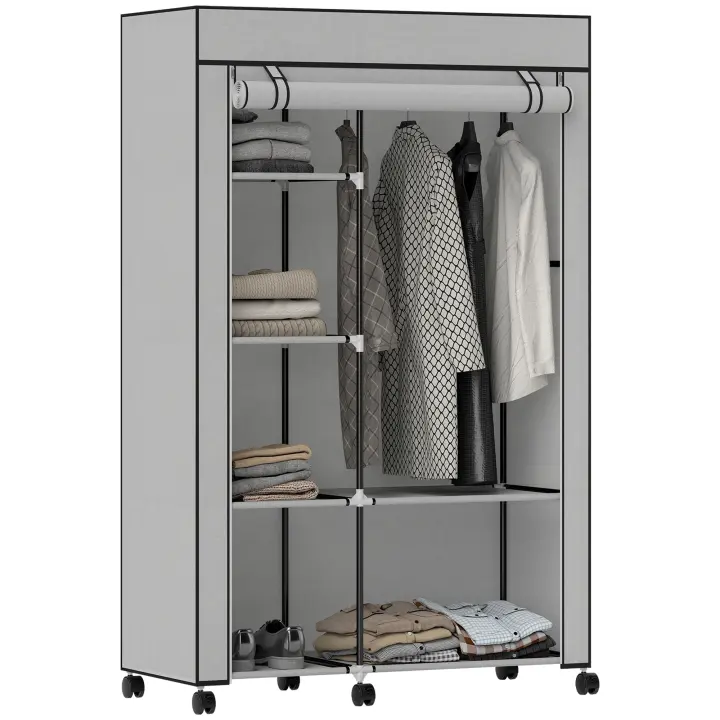 HOMCOM Armario de Tela con Ruedas, Armario Portátil, con Barra para Colgar, 6 Estantes, Marco de Acero, para Dormitorio, Vestidor, 103x43x162,5 cm - 1