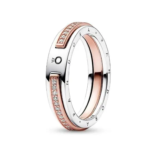 PANDORA Signature Anillo en 2 tonos con logotipo y enpasa pavé, Viene con Caja original. - 1