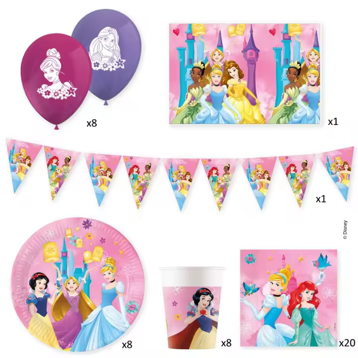 Pack Fiesta Cumpleaños y Eventos especiales,  Celebra tus grandes eventos con un Juego de Vajilla y Accesorios para Fiesta Princesas Disney - 1