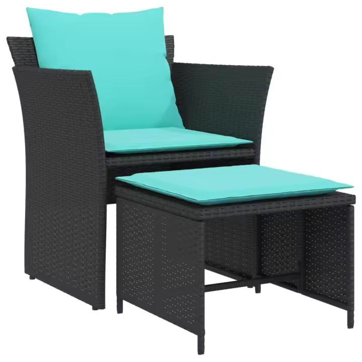 vidaXL Sillón de jardín con reposapiés ratán sintético negro - 1