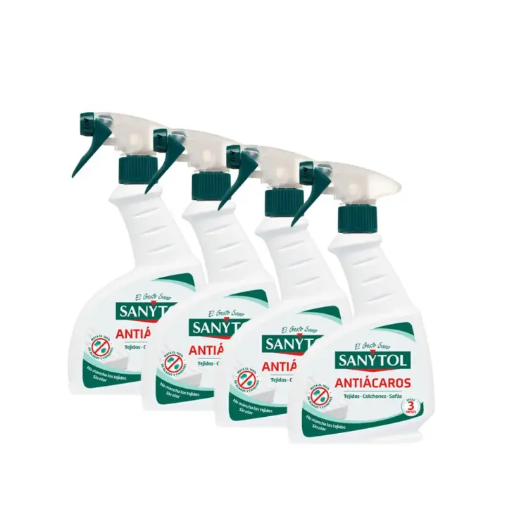 Sanytol - Spray Antiácaros, Mata Ácaros (incluido Sarna) y Chinches en Tejidos no Lavables, Ideal para Colchón, Sofás, Alfombras y Otros Textiles no Lavables - Pack de 4 x 300 ml = 1200 ml     【ROUA】 - 1