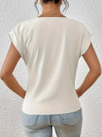 Camiseta de cuello en V lisa - Elegante blusa de manga corta para mujer (Primavera/Verano) - details 2