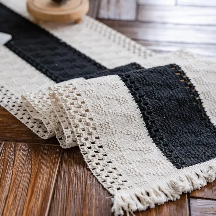 Camino de Mesa de macramé beige Y Negro Boho Camino de mesa con borlas Camino de Mesa de Algodón textil a mano 30x180 cm - 1