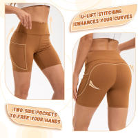 Shorts Deportivos De Cintura Alta Para Mujer Fitness Running Elasticidad Transpirable Con 2 Bolsillos Lados Yogur - details 0