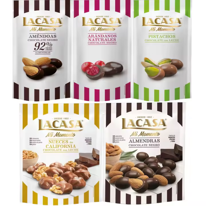 Lacasa Mi Momento pack de 5:Arándano  Negro 60 G,Pistacho  Leche 50 G,Almendra 92% 65 G,Nueces  Leche 115 G,Almendra  Negro 125 G - 1