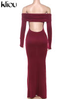 Vestido De Hombros Descubiertos Kliou Para Mujer Estilo Clásico De Calle Alta Manga Completa Hueco Vestido Delgado Sencillo Elegante De Fibra Sintética - details 3