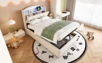 Cama Infantil Multifuncional Tapizada Beige 90x200 cm | Espacio de Almacenamiento with Iluminación LED + Cargas USB | Colchón Antibacteriano y Antiácoches Incluido | Doble Almacenamiento Subcama + Diseño Anti-Trasiego y Fácil Movilidad - details 1