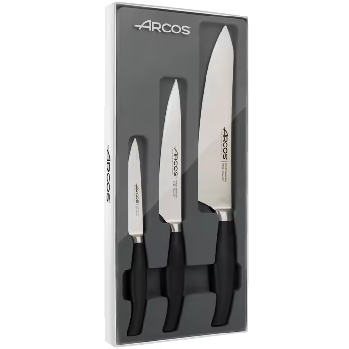 ARCOS Clara - Set de 3 Cuchillos de Cocina (100, 150, 200 mm) - Hoja de Acero Inoxidable Forjado Nitrum® - Mango Negro de Polipropileno (PP) - Estuche Regalo - 1