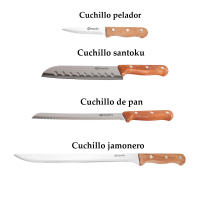 DESEOS Juego de 4 cuchillos de cocina imprescindibles Family | Cuchillo pelador | Cuchillo santoku | Cuchillo de pan | Cuchillo jamonero | Acero inox | Mango ergonómico de madera - details 0