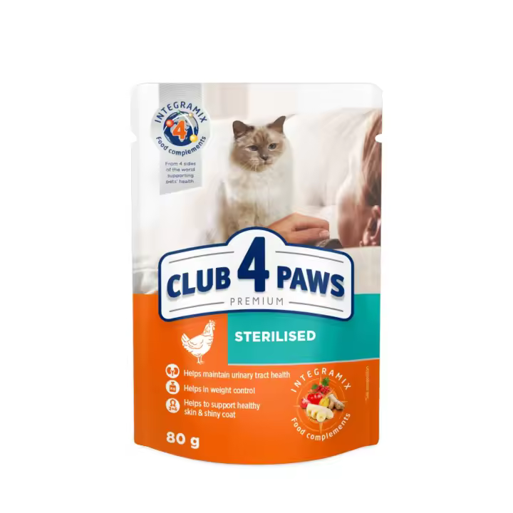 Comida húmeda completa para gatos adultos esterilizados CLUB 4 PAWS PREMIUM , pollo .PACK 24*80g - 1