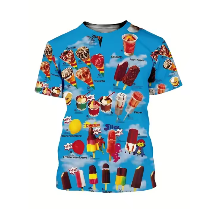 Camiseta De Hombre Con Estampado 3D De Helado Verano 2024 Moda Casual Food Corn Horn Cold Ice Stick Camiseta Ligera Y Transpirable Para Todas Las Estaciones - 1